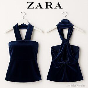 ZARA Blue Velvet Convertible Halter Blouse Strapless or Twist-Back Open Top XL